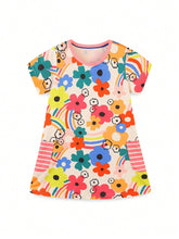 1pc Toddler Girls" Casual Cartoon Flower Printed Short Sleeve Dress With Pockets For Summer